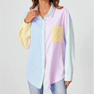 Multicolored Oversized Striped Long Sleeve Button Down Shirt/Blouse